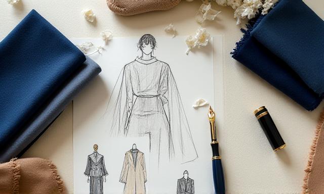 Primer plano de bocetos de moda y telas de alta calidad