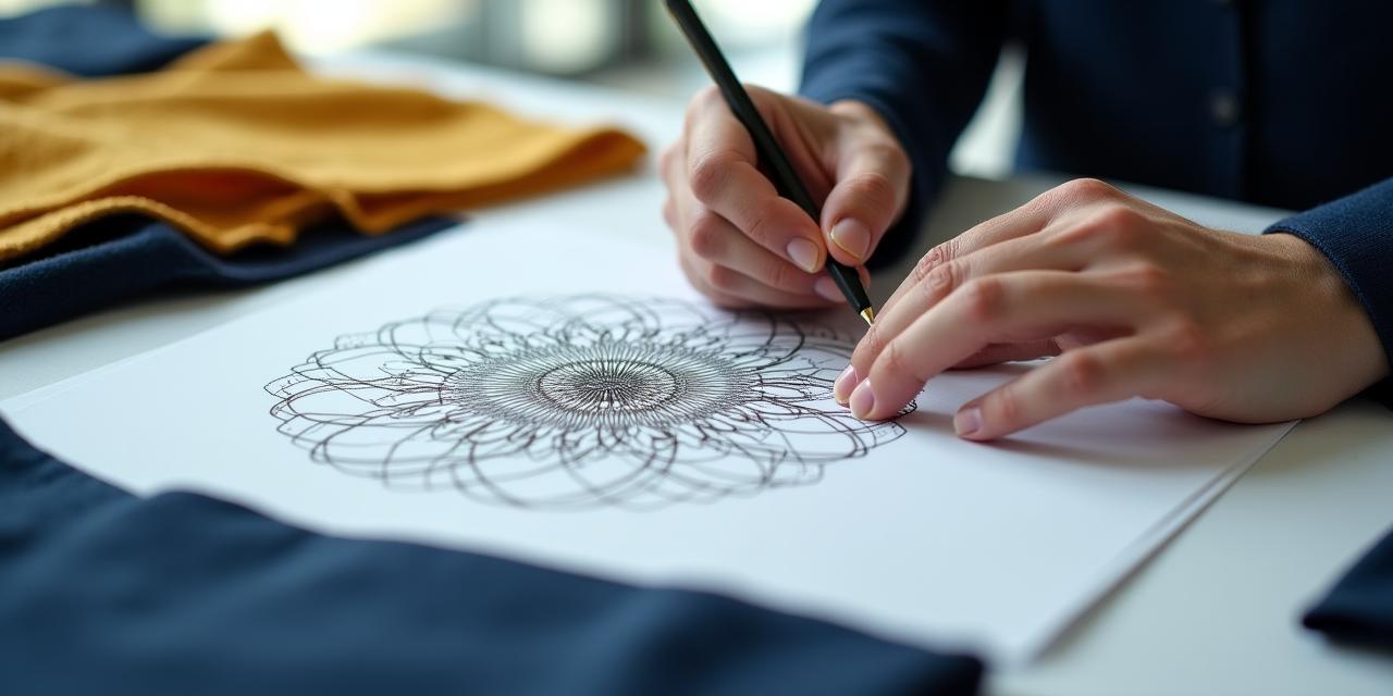 Diseñador de moda trabajando en bocetos textiles con telas de alta calidad